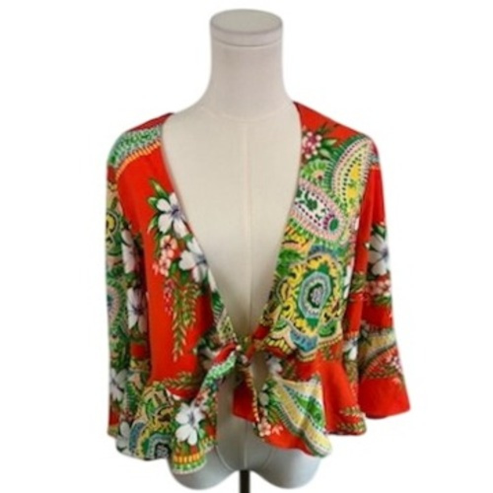 Mustard Seed Floral Print Tie Front‎ Blouse Bell Sleeve Top Orange Size Medium